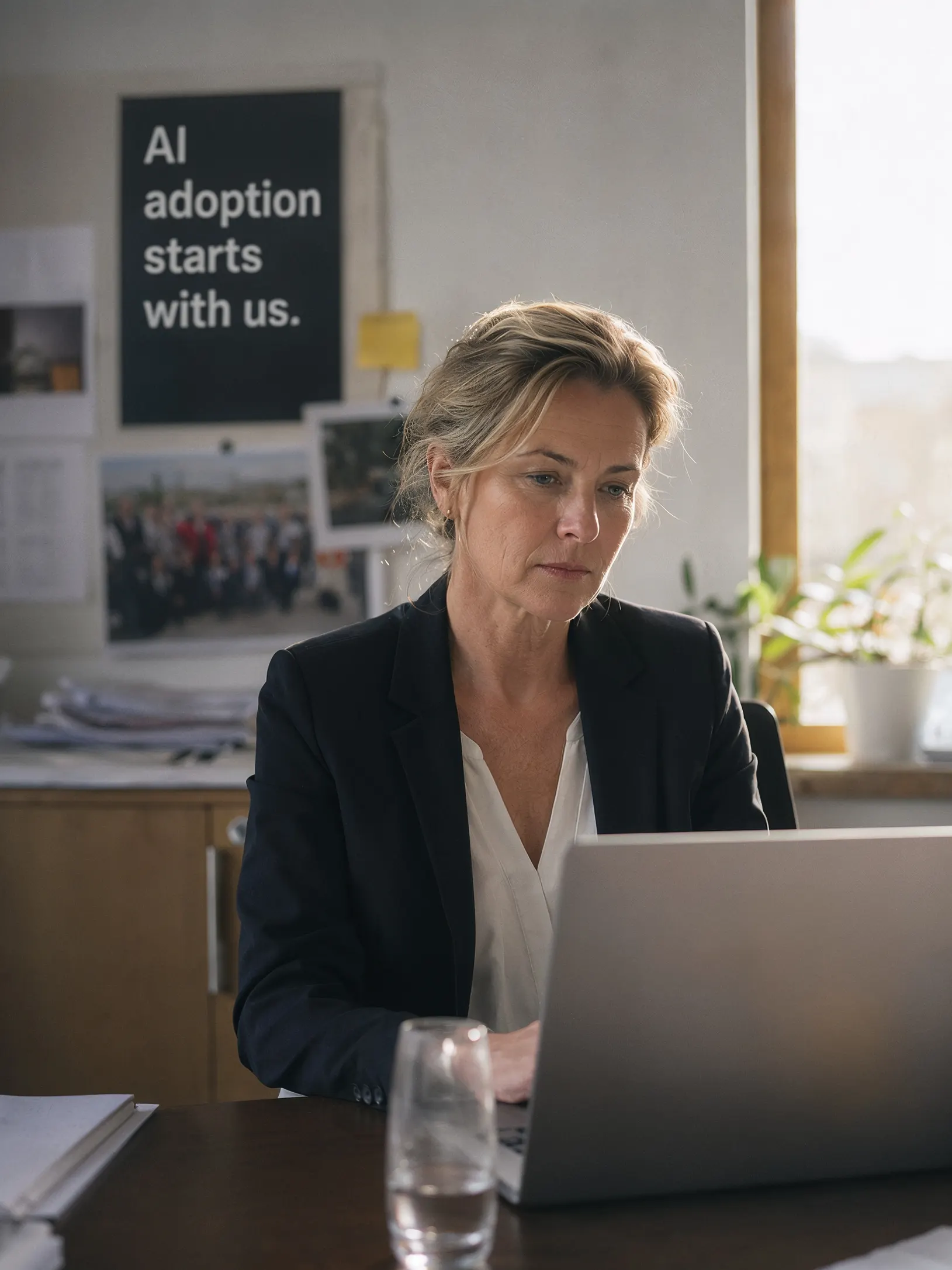 A leader at her desk, late afternoon light, considered expression — documentary portrait.